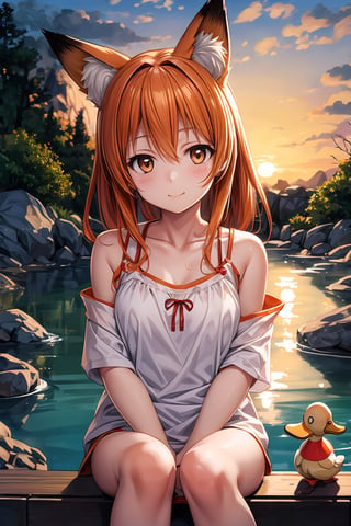 Fox ears girl, (smile: 0.8), upper body, sitting, hot spring, tangerine, steam, dusk, duck toy, girl