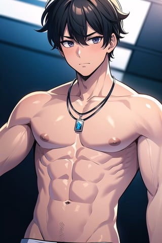 (masterpiece), (1boy, male focus:1.4), black hair, very short hair, disheveled hair, cool, necklace, glowing, SOLO LEVELING, handsome, mature, defined muscles, tan, shirtless, vieny, 