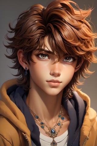 male, about 19 years old, messy hair, fluffy hair, extremely handsome, sexy, proportional face, chose unique color for eyes make it super beautiful, diamond earrings, necklace, sexy, chose a color for the hair that will compliment  perfectly with this boy, tan skin, make the eye color very unique and not seen before, super detailed eyes, 