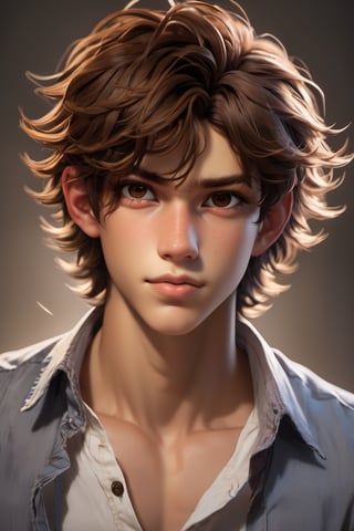 male, about 19 years old, messy hair, fluffy hair, extremely handsome, sexy, proportional face, wearing button up shirt, top buttons unbuttoned, brown eyes, 