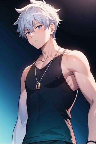 (masterpiece), (1boy, male focus:1.4), white hair, very short hair, disheveled hair, cool, necklace, black shirt, glowing, SOLO LEVELING, handsome, mature, bulky, tank top shirt, shirt, 