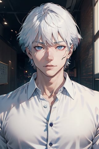 (Masterpiece), (detailed eyes), (detailed scenery), cinematic lighting, detailed face, detailed surroundings, masculine features, male character, masculine figure, (man), (Sui Ishida's manga, drawing style), (Ken Kaneki), (white hair), extremely pale skin, eyes_details, detailed_background, addDetailed, more_detail, add_detail,ken_kaneki, High detailed, handsome male., top button of shirt unbuttoned, 