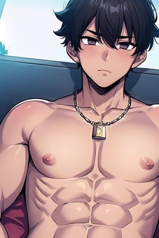 (masterpiece), (1boy, male focus:1.4), black hair, very short hair, disheveled hair, cool, necklace, glowing, SOLO LEVELING, handsome, mature, defined muscles, tan, shirtless, 
