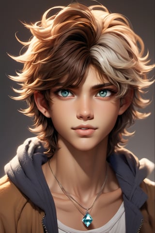 male, about 19 years old, messy hair, fluffy hair, extremely handsome, sexy, proportional face, chose unique color for eyes make it super beautiful, diamond earrings, necklace, sexy, chose a color for the hair that will compliment  perfectly with this boy, tan skin, make the eye color very unique and not seen before, super detailed eyes, 