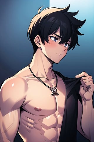 (masterpiece), (1boy, male focus:1.4), black hair, very short hair, disheveled hair, cool, necklace, black shirt, glowing, SOLO LEVELING, handsome, mature, defined muscles, tan, shirtless, 
