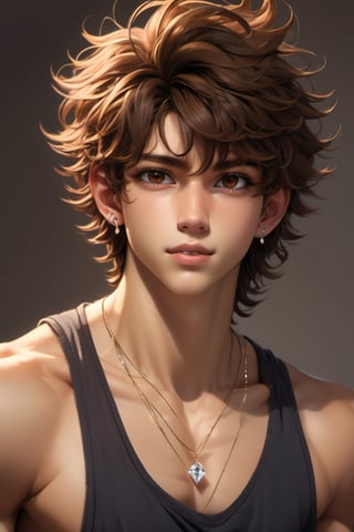 male, about 19 years old, messy hair, fluffy hair, extremely handsome, sexy, proportional face, wearing tank top, brown eyes, diamond earrings, necklace, sexy