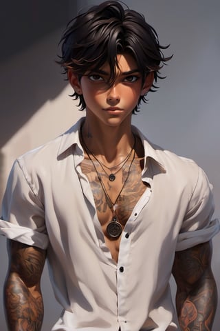 messy hair, guy, boy, tan skin, middle part hair, black hair, brown eyes, tan, guy, boy, teenager, middle part, neck tatoos, short hair, necklace, jewlery, handsome, hansome, 8 pack abs, white button up shirt, strong, 