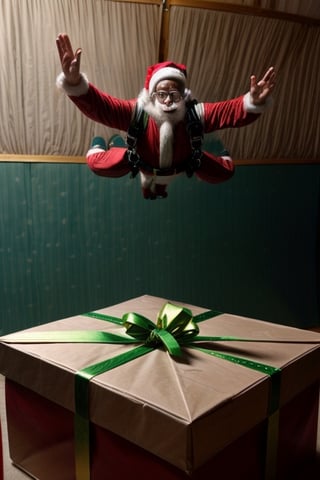 Santa Claus skydiving with a gift box,<lora:659111690174031528:1.0>