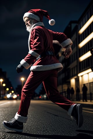 Santa Running, full body shot from side ,Masterpiece, night road,<lora:659111690174031528:1.0>