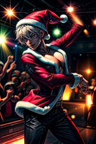 Santa is dancing, wearing perfect club fashon, in a night club,,<lora:659111690174031528:1.0>