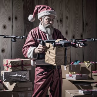 Santa Claus using a drone to distribute gifts,<lora:659111690174031528:1.0>