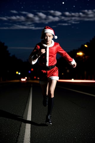 Santa Running, full body shot,Masterpiece, night road,<lora:659111690174031528:1.0>