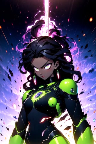 centered, digital art, upper body, (beautiful detailed eyes:1.2), | solo, ebony woman, wearing the black and purple cybernetic armor with green parts of Space Woman, tight bodysuit, black hair, dreadlock hair, emerald eyes, muscular proportions, | in a dungeon made all of metal, | bokeh , depth of field,Robot_Master,r1ge