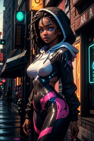 (1girl), ((vigilanty, hoodie, leggings, neon lights, Arora clothes, bodysuit:1.3)), (side view, muscular, fit, cyberware, Armor), ((large Breasts, rounded breasts:1.3)), (accentuated hip), (large pelvic, big ass), ((curvy waist:1.2)), (fighting pose:1.2), (dreadlocks hairstyle), colour streaked hair, highlights, seductress, tempting,masterpiece, best quality, ultra highres, depth of field, (cinematic lighting:1.2), (detailed face, detailed eyes:1.2), (detailed lips, rose lips:1.2), (detailed background:1.2), (battle field, post war:1.2) (masterpiece:1.2), (ultra detailed), (best quality), intricate, comprehensive cinematic, scientific photography, (gradients), colorful, detailed landscape, shiny skin, looking_at_viewer ,perfecteyes,mecha musume,(ebony skin:1.5)