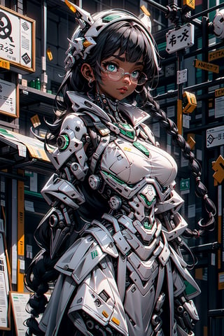 masterpiece, ultra hd, 8k,hdr, dynamic , emerald eyes , hyper realistic, detailed background, finely detailed_body, big_boobs , fullbody, gigantic_breast,1girl, very long hairstyle, (dreadlocks),(white and black hair color:1.2), (bright eyes:1.1), | bdsm collar,glasses,open_legs,perfecteyes , ,Detailedface,Detailedeyes, mecha ,cybernetic_enhancements,dungeon,urban techwear, outfit,helmet,midjourney,((ebony skin))