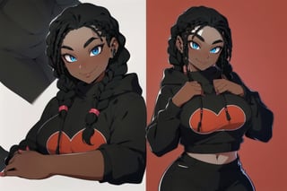 4k,best quality,masterpiece,20yo 1girl,(cropped sweatshirt),(demin pant), alluring smile, oversized hood,
(Beautiful and detailed eyes),
Detailed face, detailed eyes, double eyelids, real hands, (curvy body:1.2), (ebony skin:1.5), ((braided hair:1.2)), black hair


real person, color splash style photo,
