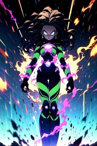 centered, digital art, upper body, (beautiful detailed eyes:1.2), | solo, ebony woman, wearing the black and purple cybernetic armor with green parts of Space Woman, tight bodysuit, black hair, dreadlock hair, emerald eyes, muscular proportions, | in a dungeon made all of metal, | bokeh , depth of field,Robot_Master,r1ge