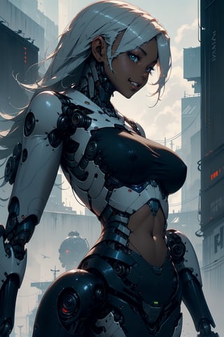 ((Ebony Female)), robot body, curvy, large breasts, sci fi, futuristic, naughty grin, beautiful face, perfect eyes,Mecha,cyberpunk robot,mecha, dark atmosphere,eerie,creepy,(nsfw), (dreadlocks),MECHA