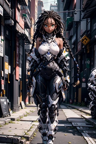 masterpiece, ultra hd, 8k,hdr, dynamic , emerald eyes , hyper realistic, detailed background, finely detailed_body, big_boobs , fullbody, gigantic_breast,1girl, very long hairstyle, (dreadlocks:1.5),(white and black hair color:1.2), (bright eyes:1.1),bdsm collar,glasses,open_legs,perfecteyes,Detailedface,Detailedeyes, mecha ,cybernetic_enhancements,dungeon,urban techwear, outfit,helmet,((ebony skin))