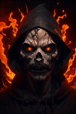 Create a stunning short animation inspired by the core style of realism, showing a close-up of a skull-faced figure adorned with an old black hood. Its eyes emit flickering flames, instilling a sense of intensity and awe, the atmosphere is thick and smoky.,Jack o 'Lantern