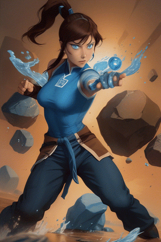 Avatar Korra, she wears blue asian pro-bending uniform, long loose trousers and ((brown hair)) with a ponytail, martial arts pose, avatar the legend of korra, ((blue eyes)), waterbender, water slices surrounding her, fire, floating rocks, illustration by MSchiffer, flat colors, flat lights, vector, cartoon, cartoonish vector,korra