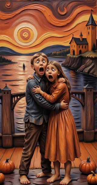 (realistic painting of a scared girl and her brother, (hugging each other in fear: 1.4), full height, made of clay, Edvard Munch style, (the scream painting: 1.4), (colored background: 1.1), bridge , castle, outside, (hands touching face: 0.7), little girl and her brother, scared, extremely detailed, intricate details, 4k, 8k, maximum quality possible please, (pumpkin on the floor: 1.1) , barefoot, sunset, scary things, scary atmosphere
