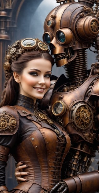 beautiful steampunk princess hug a steampunk Robot,all in very detailed steampunk style,photorealistic,dynamic light,sweet smile,beautiful,H.R.Giger ,Jules Verne,HZ Steampunk