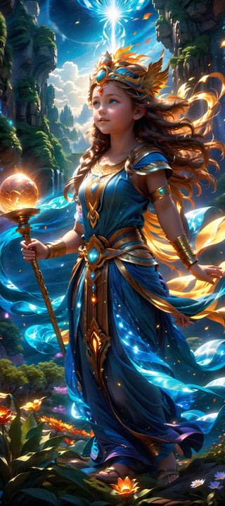 A breathtaking beautiful child is a goddess of the elements. She looks full of joy over her creation, very mystical and fascinating, high resolution details, dynamic light, she creates life. various epic settings, full body representation, highly detailed fantasy background, by Greg Rutkowski, Jesper Ejsing
