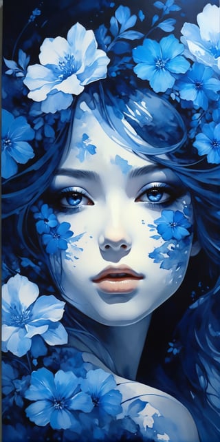 a beautiful picture of a girl with blue flowers on her face, in the style of monochromatic paintings, dark sky-blue and dark navy, dark sky-blue and dark white, multilayered realism, luminous shadowing, anime-inspired, elegant outlines