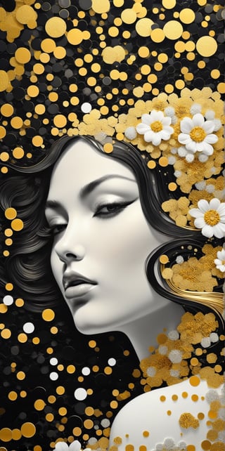 a stunning and mesmerizing work of digital art with black, white and gold Sticker Endless honeycomb pattern forming a minimalist illustration in
vintage flowers of light dots and thin lines of a beautiful woman, illustration, painting, vibrant, 3d rendering