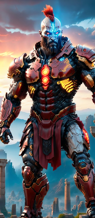 A Comic Style Futuristic Ethereal Cyberpunk Cyborg Style of Kratos god of war, godlike superior high tech armor plates, glowing machine terminator red glowing eye, war pose, vivid sunset sky, Greek parthenon background ruins, highly detailed, realistic, 4k
