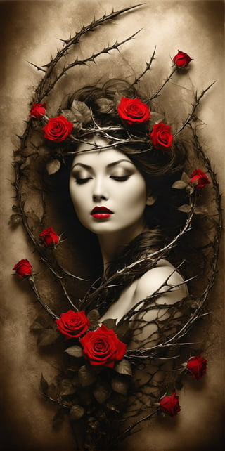 black, silver and white colors, ((( a long exposed and degrated photo imatge))) of a stunningly old sepia photo of (green thorns) and (red roses) huging the silhouette of a dramatic, hiperrealistic and detailed woman, dark fantasy, portrait photography, photo