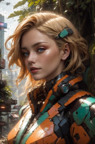 8k portrait of beautiful girl with blonde hair, wearing cyberpunk suit, walking to the viewer, close-up photo, majestic, digital photography, ruled of third composition, art by artgerm and ruan jia and greg rutkowski surreal painting, broken glass, (masterpiece, sidelighting, finely detailed beautiful eyes: 1.2), hdr, (detailed background cyberpunk city in lush rainforest : 0.7),stationary_restraints,mecha musume,mecha,SRS