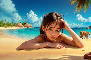 photorealistic, full body picture, detailed facial features, nuanced skin tones, HD, 8k, ultra high definition, intricate details, Ultra realistic, full body, A beautiful girl is sunbathing with animals on a deserted island beach in the summer sun,little_cute_girl