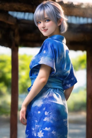 (Top Quality, 8K, High Resolution, masterpiece:1.2), ultra-detailed, realistic, physically based rendering, HDR, colorful lighting, full body, Summer sunshine, girl looking back, silver hair, blue eyes, from below, cute pose, smilling, print_yukata,perfect split lighting