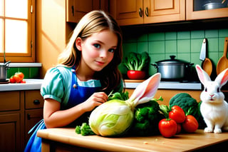 (sharp focus),  (award winning),  (extremely detailed),  (best quality, 4k, 8k, highres, masterpiece:1.2), ultra-detailed, (realistic, photorealistic, photo-realistic:1.37), A girl and a rabbit, the rabbit is eating vegetables, kitchen