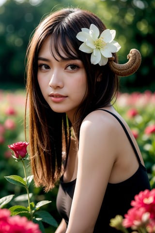 Best Quality, 32k, photorealistic, ultra-detailed, finely detailed, high resolution, perfect dynamic composition, beautiful detailed eyes, sharp, Snail girl plays in a flower field after the rain