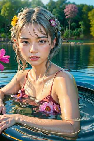photorealistic, full body picture, detailed facial features, nuanced skin tones, HD, 8k, ultra high definition, intricate details, Ultra realistic, full body, A girl bathing in the lake, sweating, silver hair, blue eyes, summer sunshine, flower, monkey