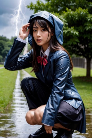 Best Quality, 32k, photorealistic, ultra-detailed, finely detailed, high resolution, perfect dynamic composition, beautiful detailed eyes, sharp, school_uniform, schoolgirl, Soaking wet in the rain, covering one's head with a handkerchief to avoid the rain, crouching down and holding one's head with both hands in fear of thunder, (((lightning strikes a nearby tree))), AIDA_LoRA_piop