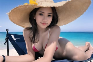 Photorealistic, full body photo, detailed facial features, subtle skin tones, HD, 8k, ultra high resolution, exquisite details, ultra realistic, young girl, photo shoot, sexy pose in motion, beach, summer sunshine, smile, Sunbathing, lying on the beach chair, wearing sunglasses and a wide-brimmed hat, sexy micro bikini,better_hands