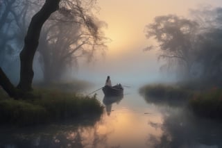 (best quality,4k,8k,highres,masterpiece:1.2),ultra-detailed,(realistic,photorealistic,photo-realistic:1.37),pale-dressed girl,creepy ferryman's boat,world of the dead,riverbank with blooming spider lilies,illustration,2 girls,spiritual atmosphere,misty surroundings,eerie atmosphere,water reflections,dark lighting,deceased spirits,ethereal figures,will-o'-the-wisps,hauntingly beautiful,lonely and mysterious setting,calm and tranquil ambiance,surreal composition,charmingly haunting,subtle shades of white,dreamlike haze,soft and delicate atmosphere,supernatural elements,ethereal glow,whispering winds,misty river,spiritual transition,seamless blend of reality and the supernatural,narrow river winding through dense fog,magical undertones,twisting vines and roots,wispy clouds,hidden secrets,evocative and ethereal,ghostly presence,spectral beings,nightfall on the river,shadows and light,reflection of the past,serene yet melancholic,dreamy composition,lost souls wandering silently,ethereal beauty,captivating and enchanting scenery,hauntingly poetic
