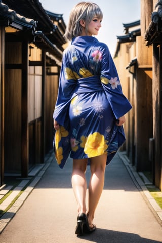 (Top Quality, 8K, High Resolution, masterpiece:1.2), ultra-detailed, realistic, physically based rendering, HDR, colorful lighting, full body, Summer sunshine, girl looking back, silver hair, blue eyes, from below, cute pose, smilling, Kyoto, print_yukata,perfect split lighting