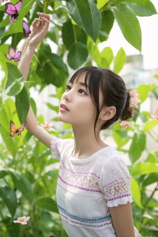 A girl playing with butterflies, a view of beautiful flowers blooming