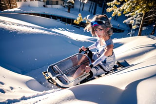 best quality,  masterpiece,  ultra high res,  (photorealistic:1.4),  raw photo, full body,  from side and above,  beautiful teen girl,  silver short hair,  blue eyes,  (looking at viewer:1.2), slide down the  hill on a cardboard sled
,Stella,Sophia