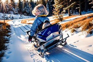 best quality,  masterpiece,  ultra high res,  (photorealistic:1.4),  raw photo, full body,  from side and above,  beautiful teen girl,  silver short hair,  blue eyes,  (looking at viewer:1.2), slide down the meadow hill on a cardboard sled
,Stella,Sophia