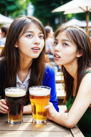 (masterpiece, best quality, dynamic angle, realistic, wide shot), drunk girls drinking beer, full body, beer garden, sharp focus ,real_booster