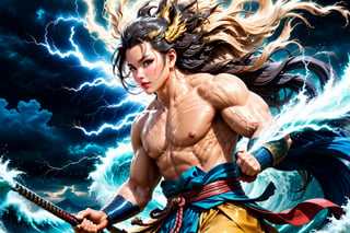  high contrast, (vibrant color:0.5), (muted colors, soothing tones:1.3), Exquisite details and textures, cinematic shot,  ultra realistic photograph , best quality, masterpiece, ancient japanese god, god of wind is fighting  against god of thunder, full body, r4w photo