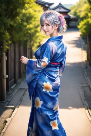 (Top Quality, 8K, High Resolution, masterpiece:1.2), ultra-detailed, realistic, physically based rendering, HDR, colorful lighting, full body, Summer sunshine, girl looking back, silver hair, blue eyes, from below, cute pose, smilling, Kyoto, print_yukata,perfect split lighting