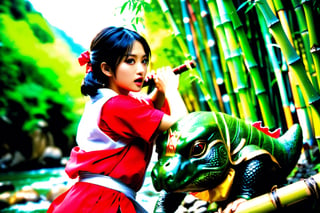 (masterpiece:1.1), (best quality:1), (ultra high res:1.2), 8k, photo real, (beautiful and clear background:1.0), (depth of field:1),Girl fighting with kappa, river side, bamboo forest