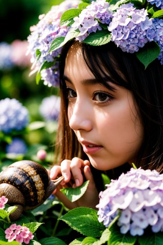 Best Quality, 32k, photorealistic, ultra-detailed, finely detailed, high resolution, perfect dynamic composition, beautiful detailed eyes, sharp, girl playing with big snail in a flower field after the rain, rainbow, hydrangea